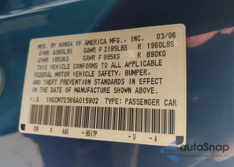 2006 Honda Accord 2.4 Lx из США, поврежденный, VIN 1HGCM72366A015902